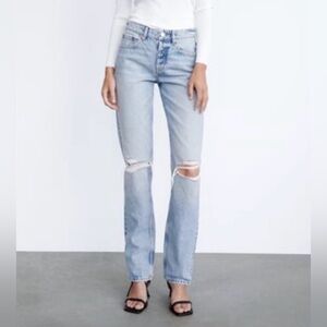 ZARA Light Blue Distressed Straight-Leg Women’s Jeans mid rise